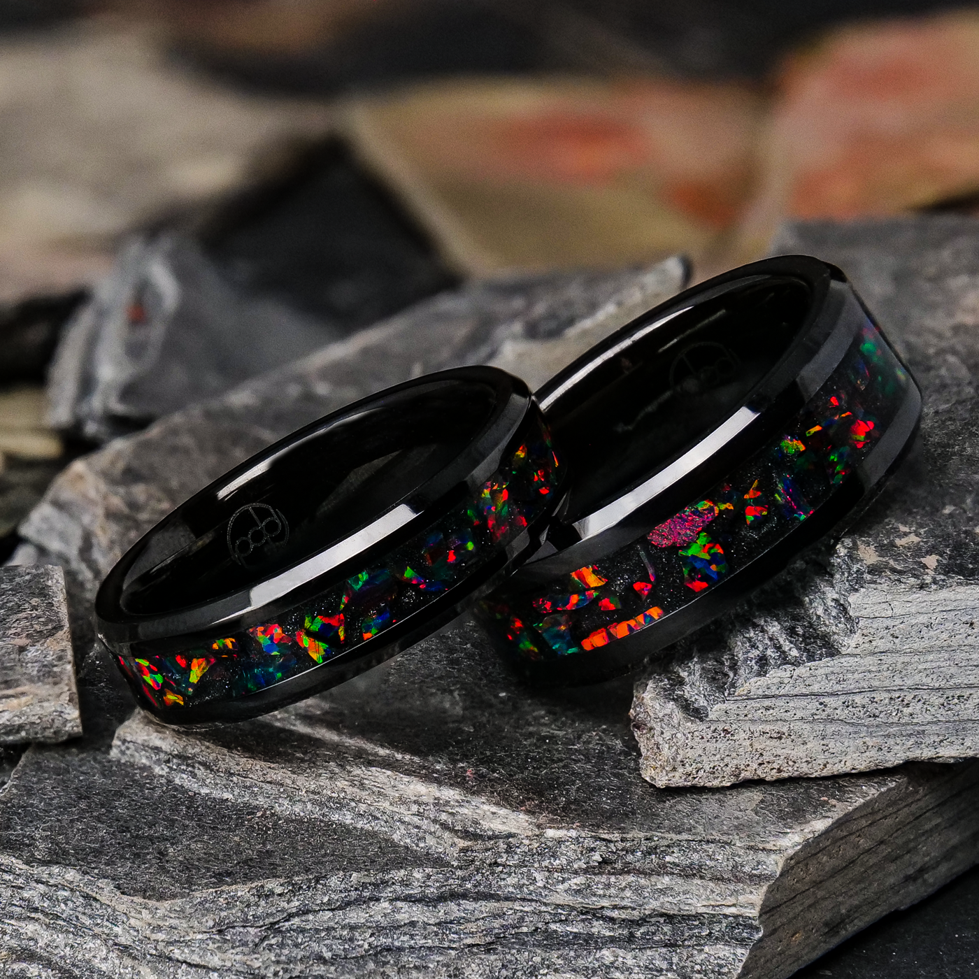 Matching Black Fire Opal Glowstone Wedding Ring Set - Patrick Adair Designs