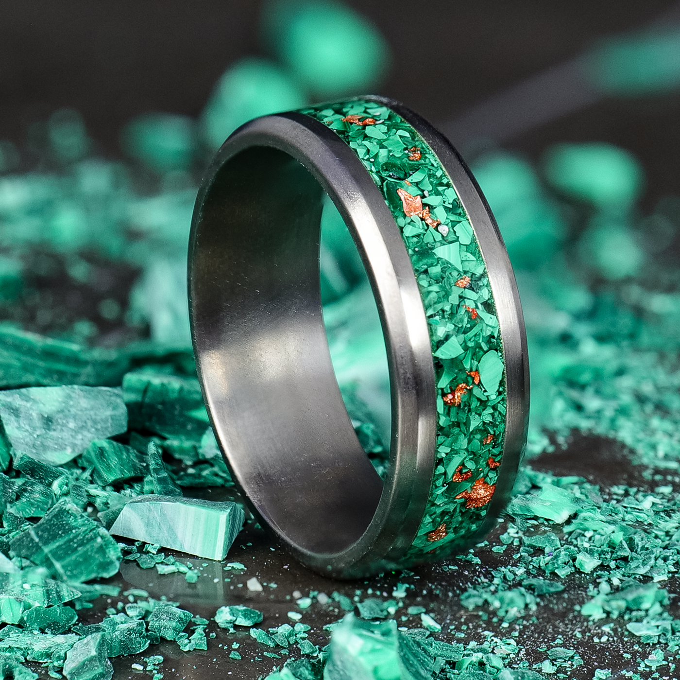 Malachite and Rose Gold Glowstone Ring on Titanium - Patrick Adair Designs