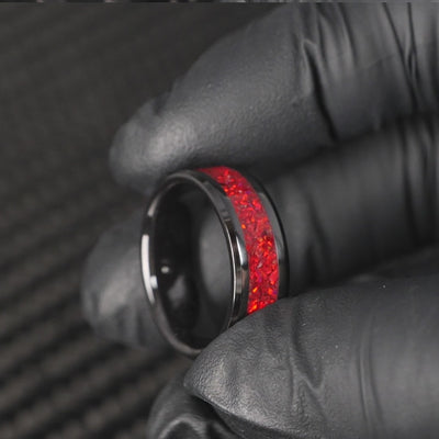 Crimson Red Opal Glowstone Ring on Black Ceramic