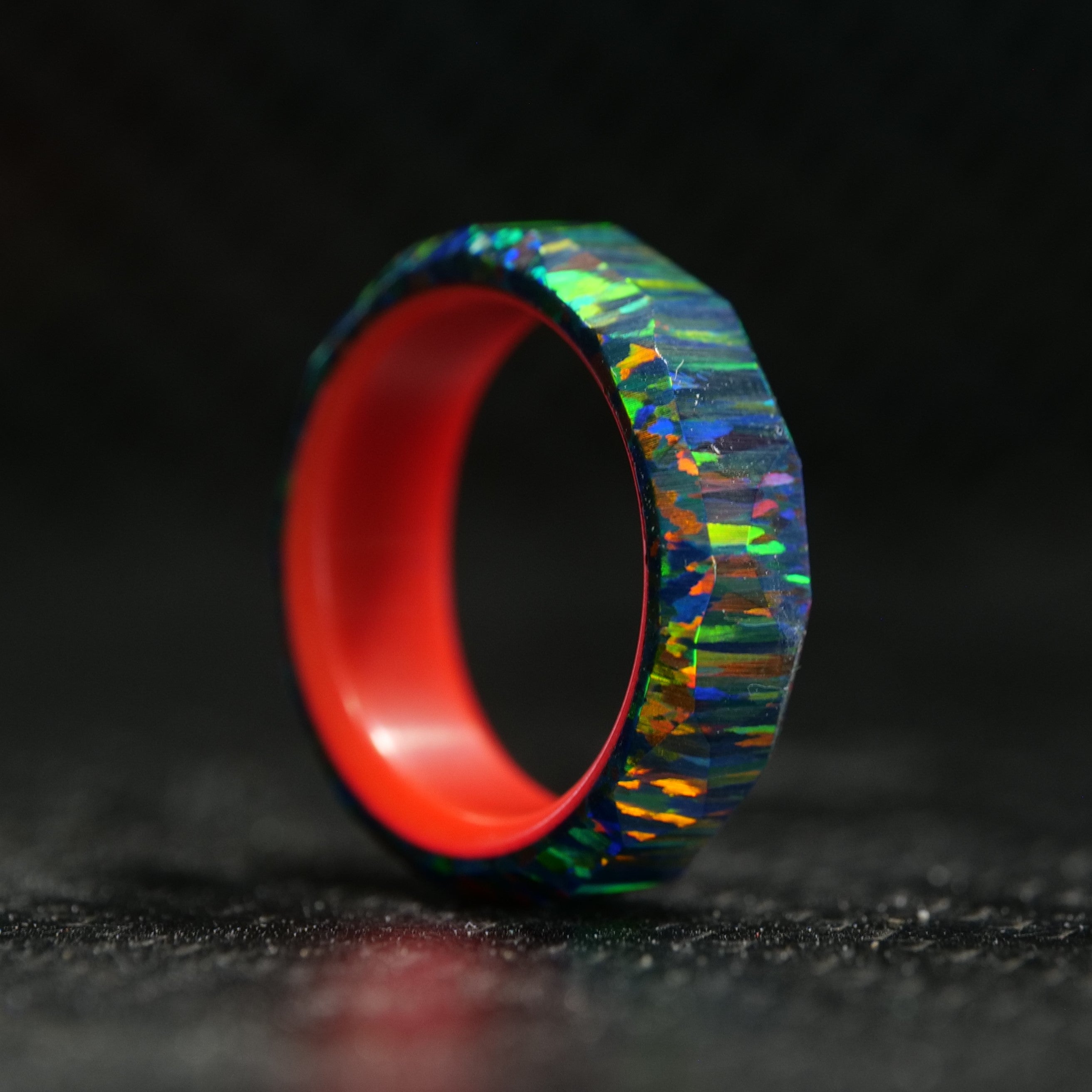 Amerika Orientalsk genert Black Fire Opal Ring with Glowing Resin Liner | Patrick Adair Designs