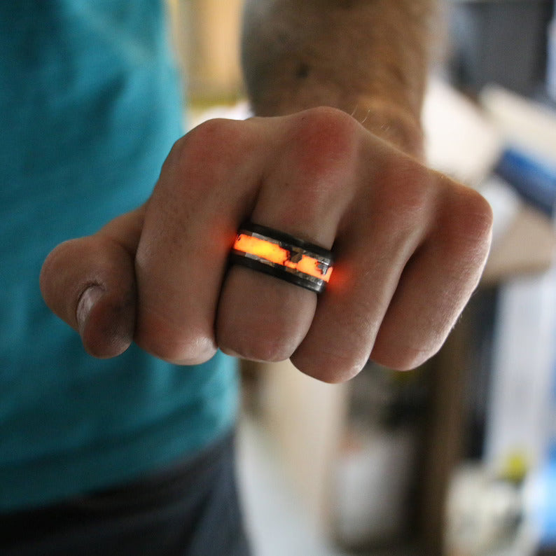 Solar Eclipse Glowstone Ring | Carbon Fiber, Meteorite, and Sterling Silver - Patrick Adair Designs