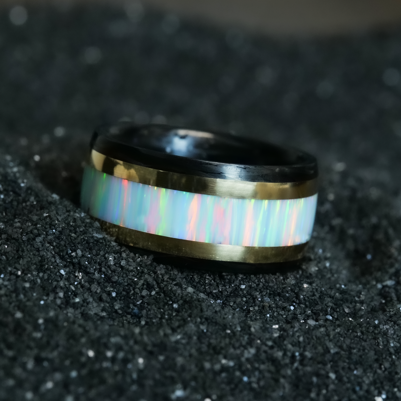 Carbon Fiber, Gold, and Opal Ring - Patrick Adair Designs