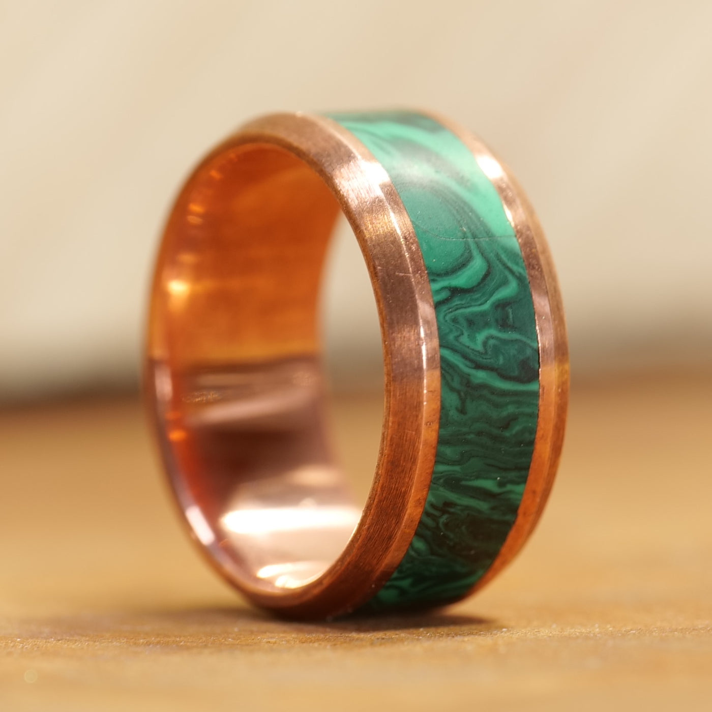 Copper and Malachite mens copper wedding ring