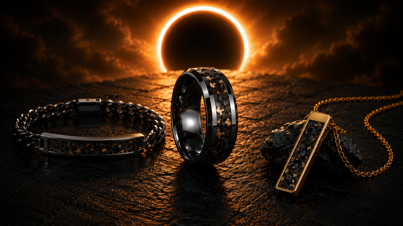 Solar Relic Collection jewelry in front of a total eclipse