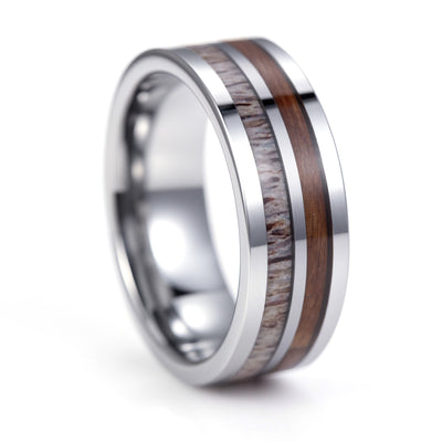 Koa Wood and Deer Antler Ring on Tungsten