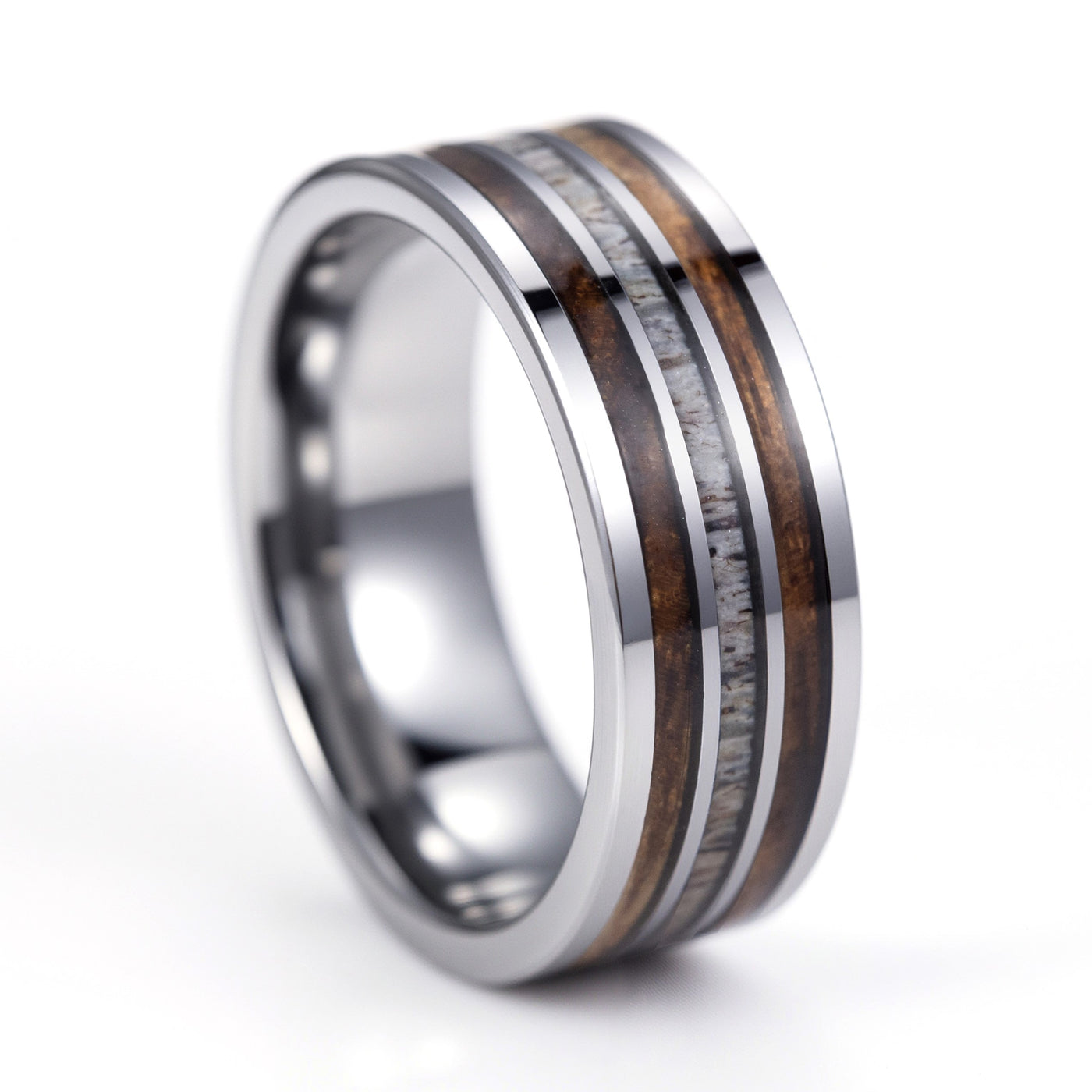 Whiskey Barrel and Deer Antler Ring on Tungsten