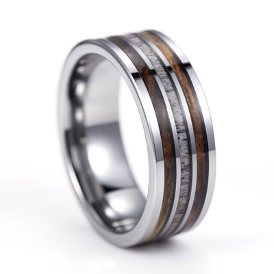 Whiskey Barrel and Deer Antler Ring on Tungsten