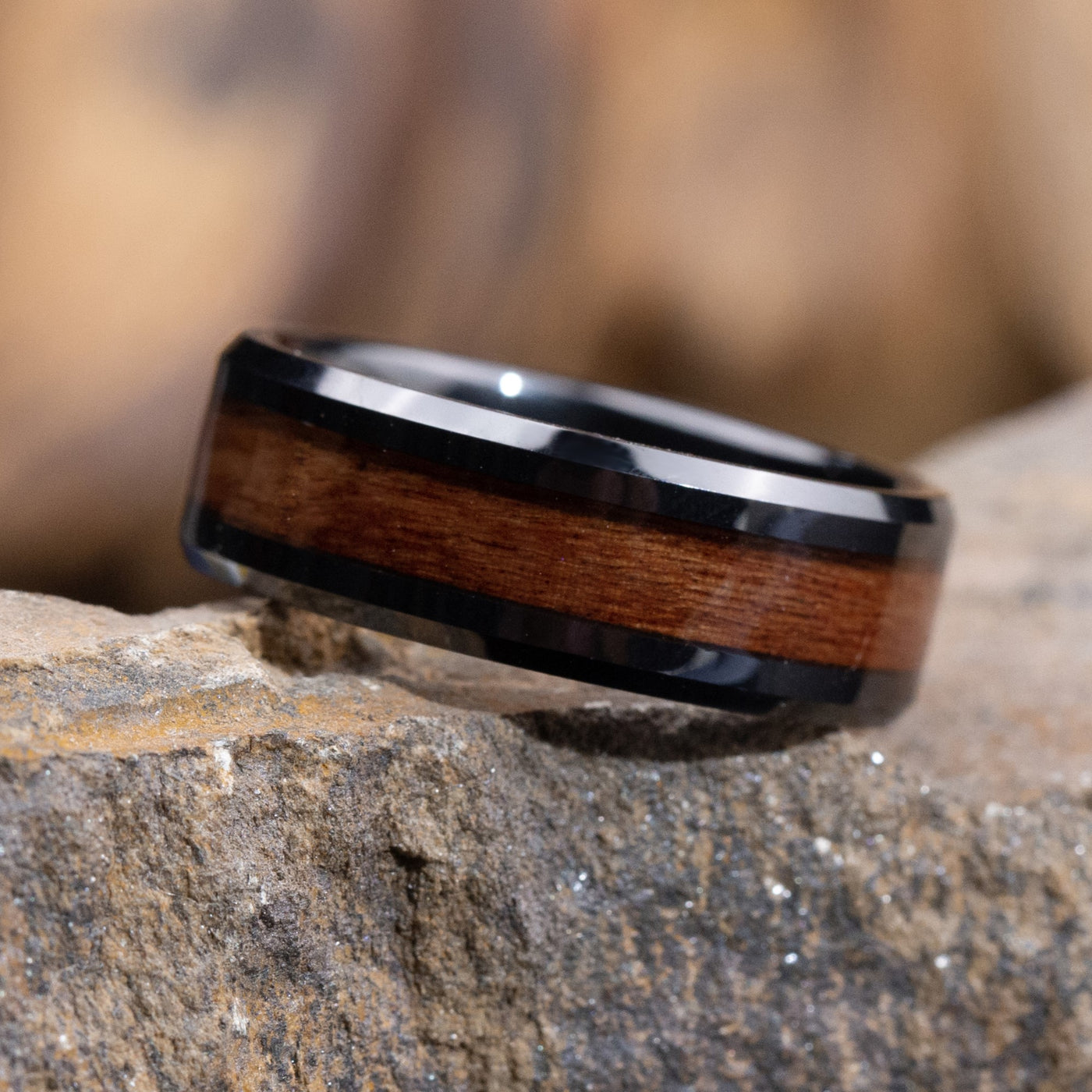 Koa Wood and Black Ceramic Ring - Patrick Adair Designs
