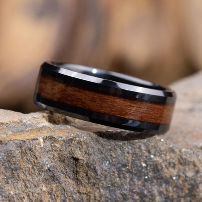Koa Wood and Black Ceramic Ring - Patrick Adair Designs