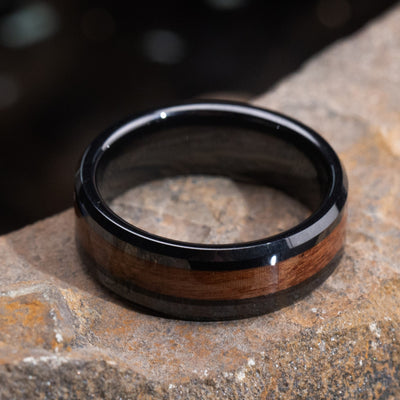 Koa Wood and Black Ceramic Ring - Patrick Adair Designs