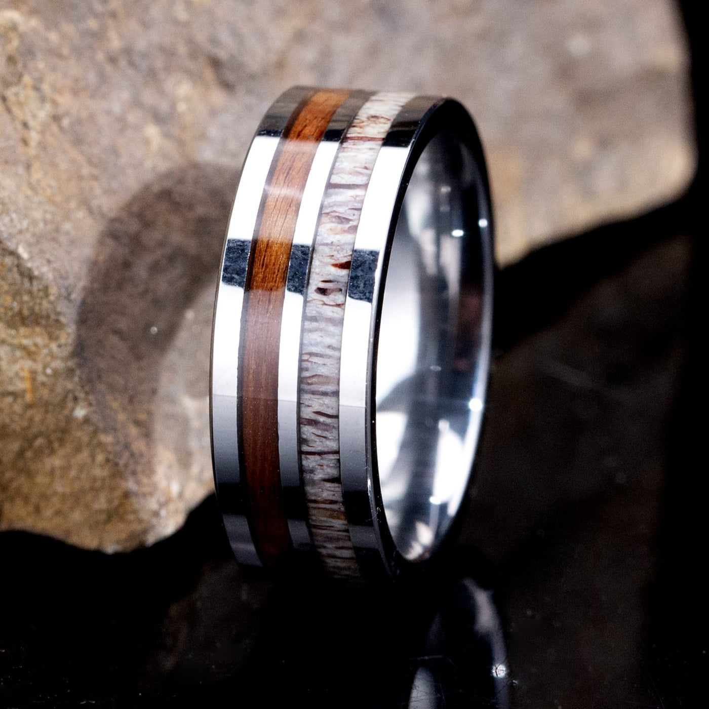 Koa Wood and Deer Antler Ring on Tungsten