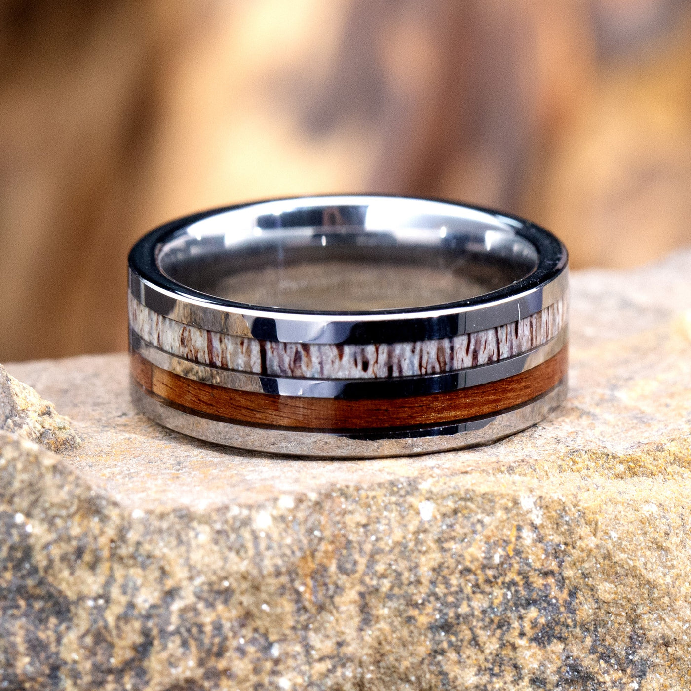 Koa Wood and Deer Antler Ring on Tungsten