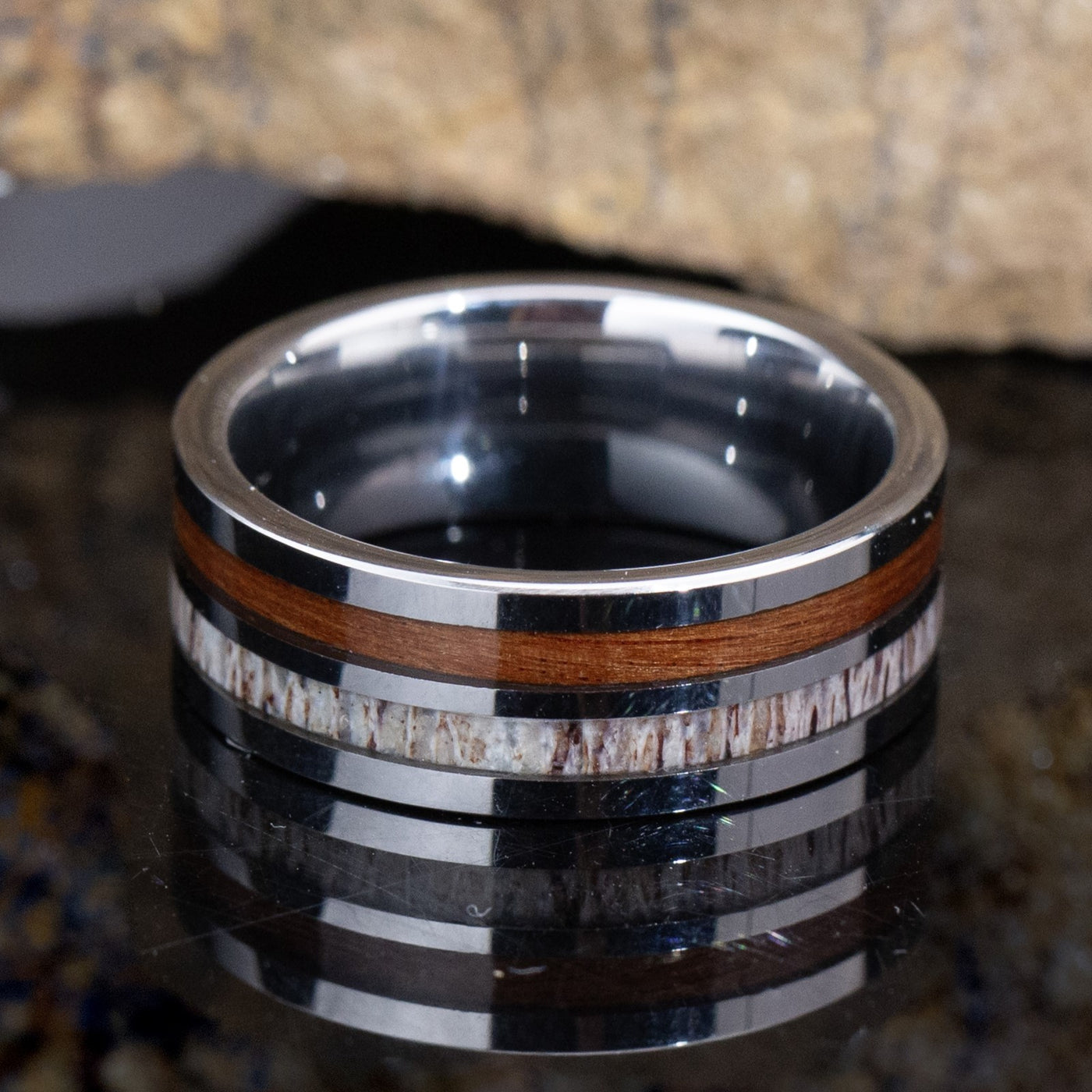 Koa Wood and Deer Antler Ring on Tungsten