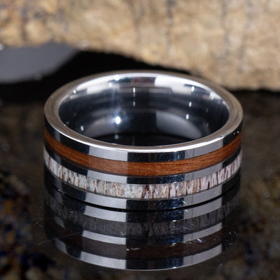 Koa Wood and Deer Antler Ring on Tungsten