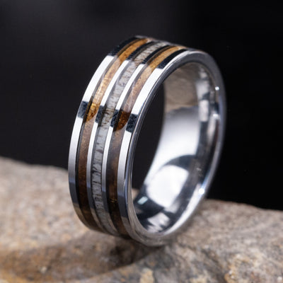Whiskey Barrel and Deer Antler Ring on Tungsten