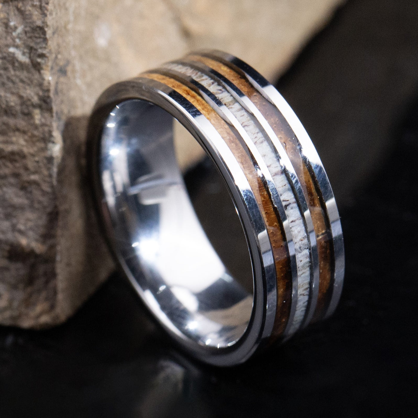 Whiskey Barrel and Deer Antler Ring on Tungsten