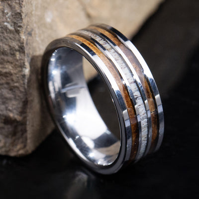 Whiskey Barrel and Deer Antler Ring on Tungsten