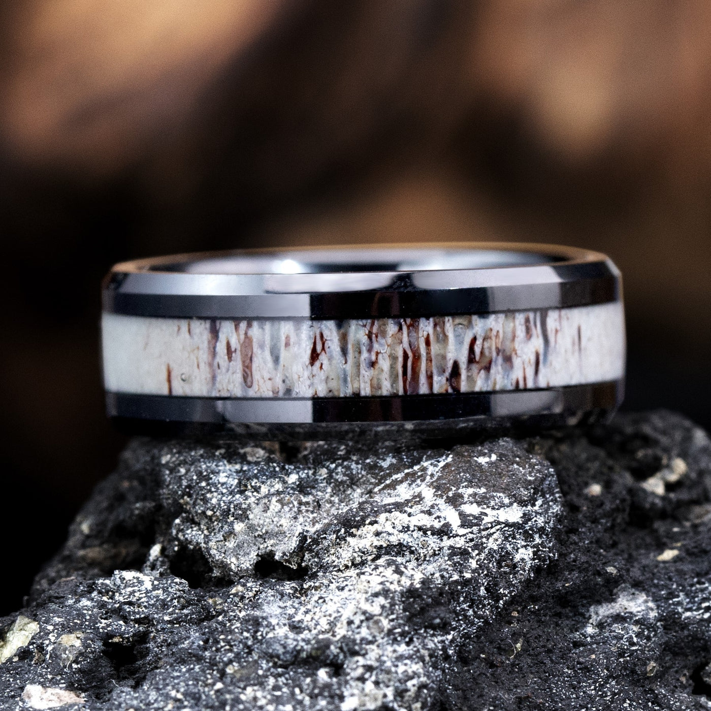 Deer Antler and Black Ceramic Ring