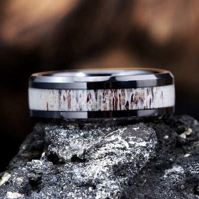 Deer Antler and Black Ceramic Ring