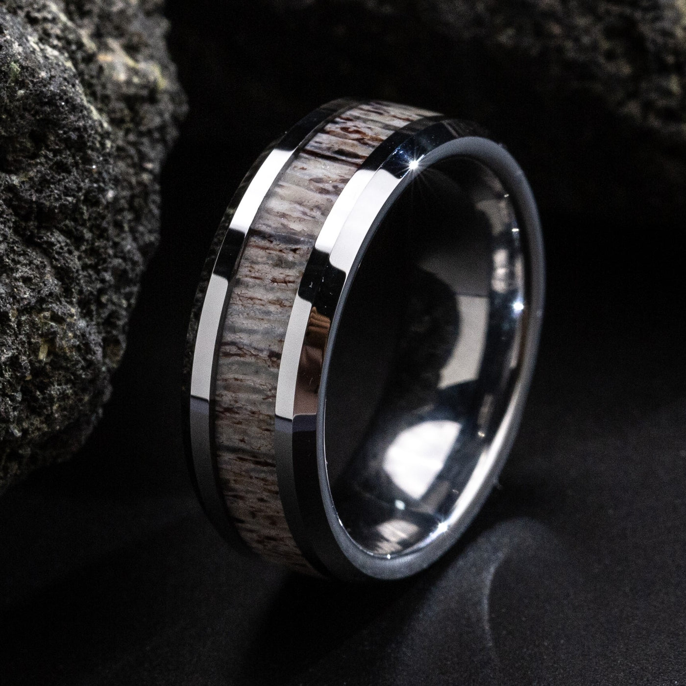 Deer Antler and Black Ceramic Ring
