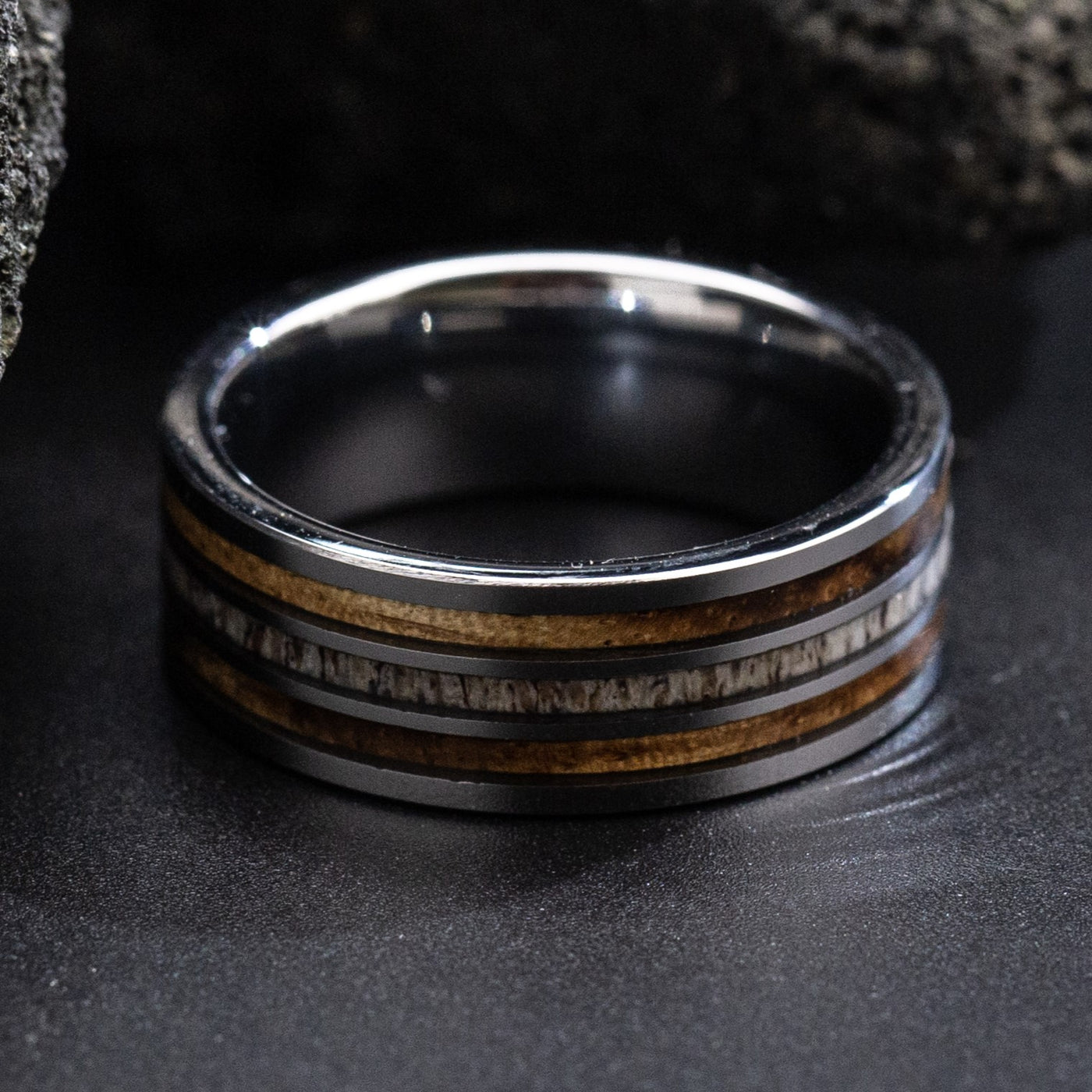 Whiskey Barrel and Deer Antler Ring on Tungsten