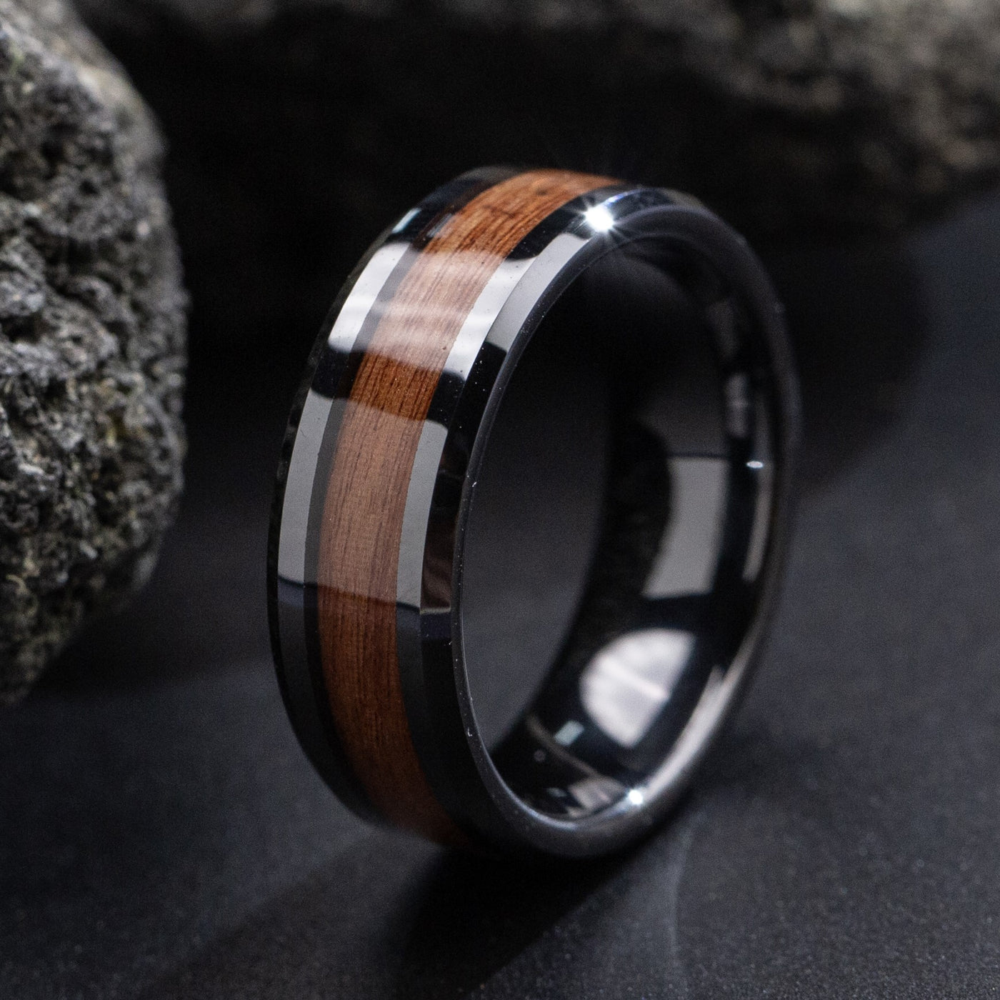 Koa Wood and Black Ceramic Ring - Patrick Adair Designs