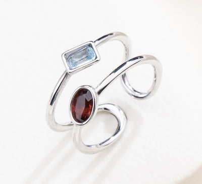 The Harmony Ring | Sterling Silver, Garnet, and Blue Topaz Dual Stone Ring - Patrick Adair Designs