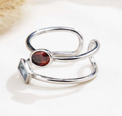 The Harmony Ring | Sterling Silver, Garnet, and Blue Topaz Dual Stone Ring - Patrick Adair Designs