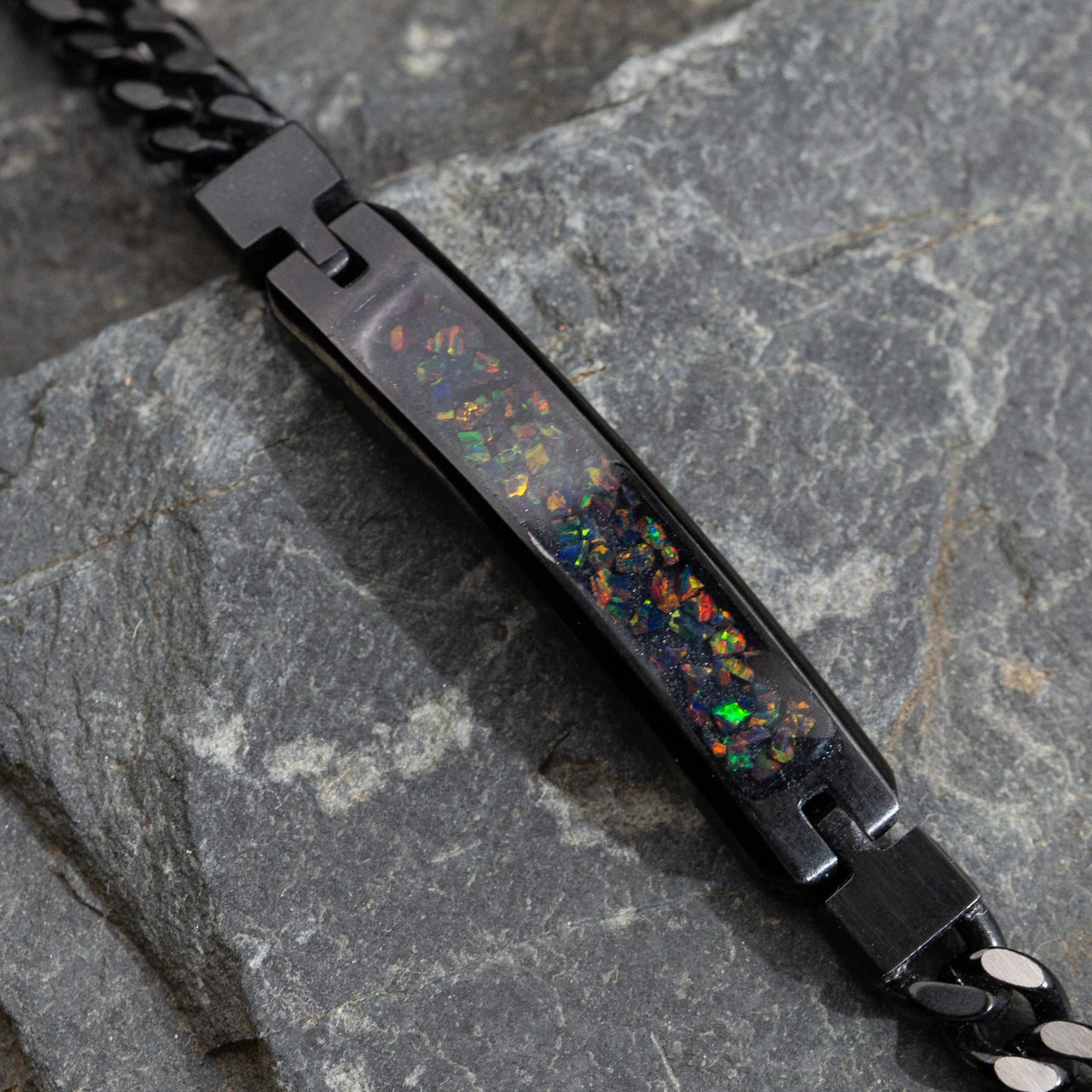 Black Fire Opal Glowstone Cuban Link ID Bracelet - Patrick Adair Designs