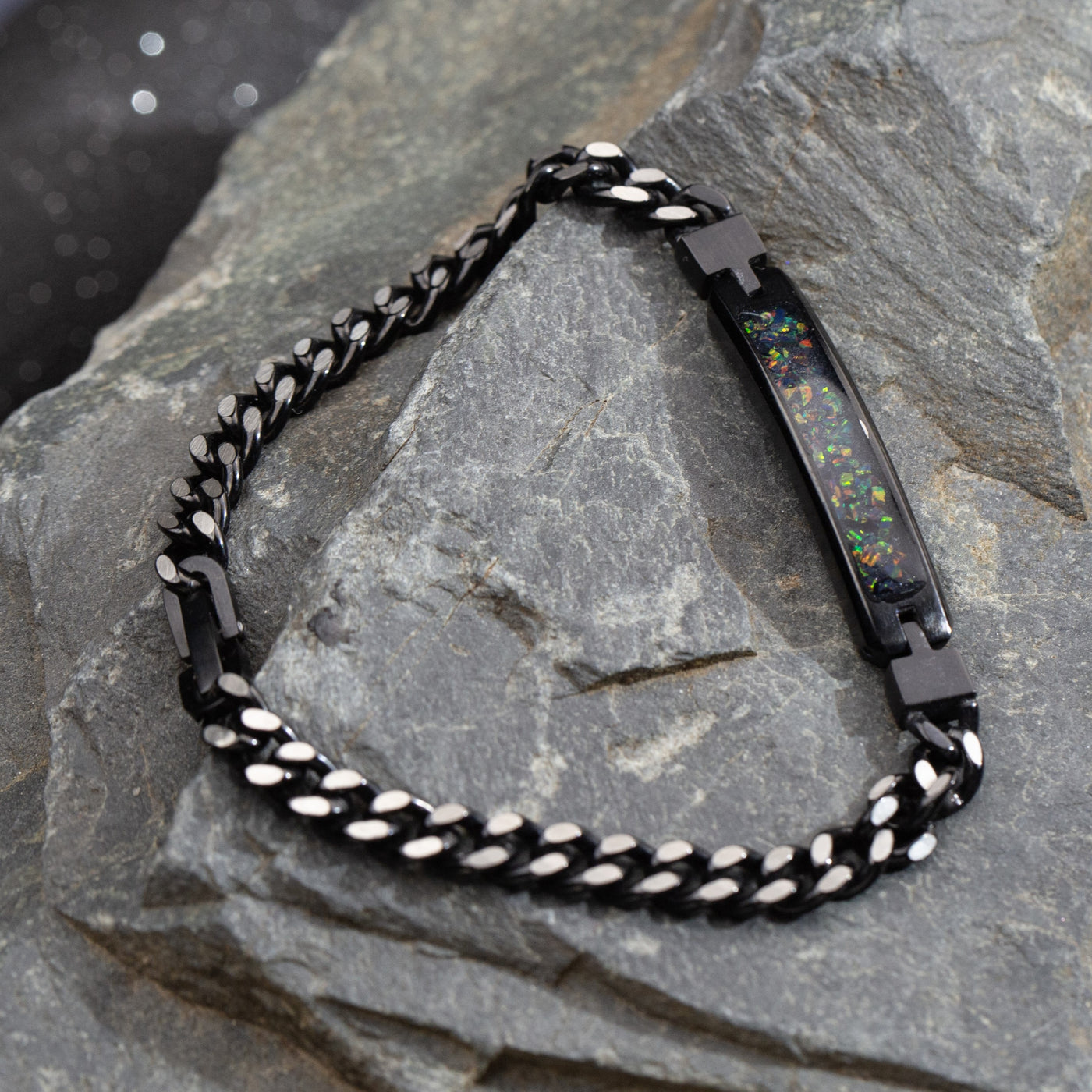 Black Fire Opal Glowstone Cuban Link ID Bracelet - Patrick Adair Designs