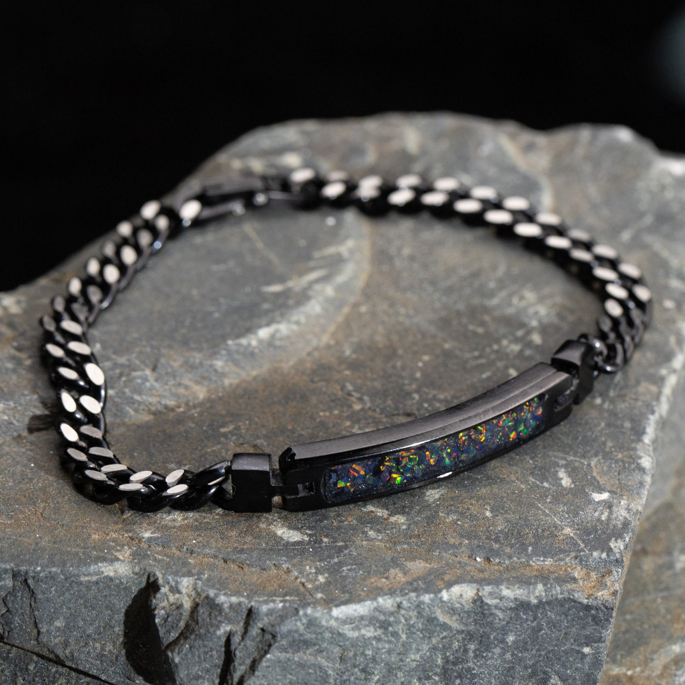 Black Fire Opal Glowstone Cuban Link ID Bracelet - Patrick Adair Designs
