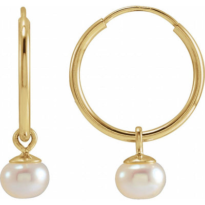 14K Yellow Gold Cultured White Freshwater Pearl 12 mm Endless Hoop Earrings