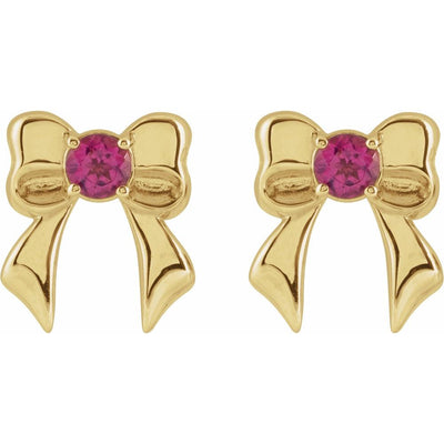 14K Gold Natural Pink Tourmaline Bow Stud Earrings