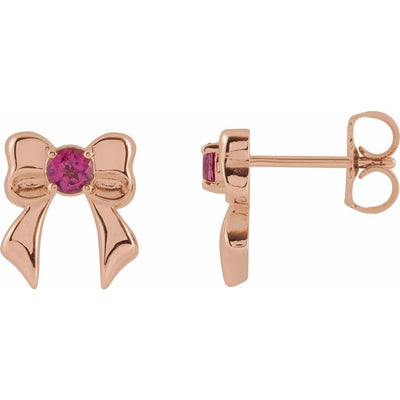 14K Gold Natural Pink Tourmaline Bow Stud Earrings