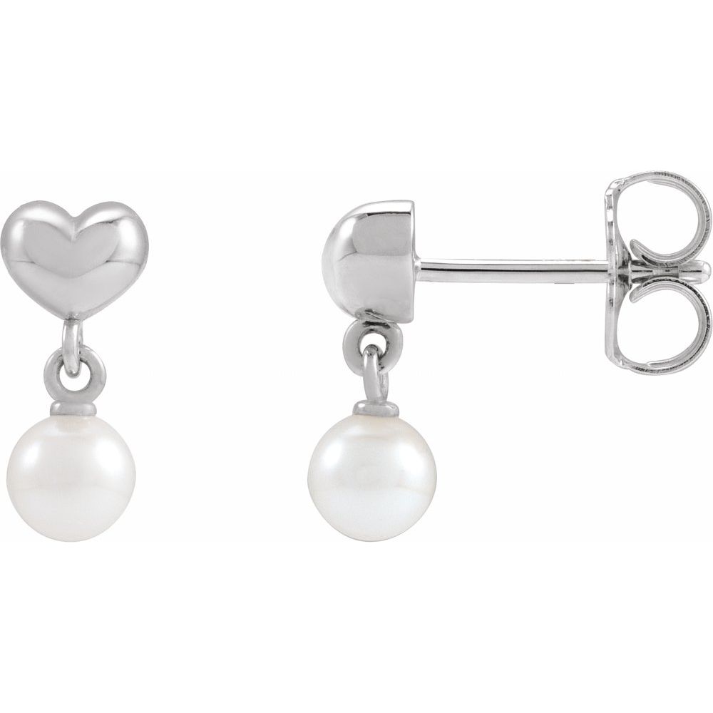 Silver Cultured White Freshwater Pearl & Heart Dangle Earrings