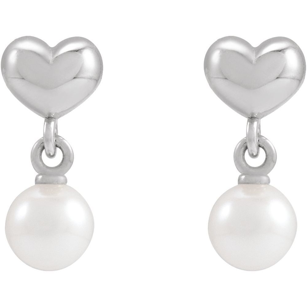 Silver Cultured White Freshwater Pearl & Heart Dangle Earrings