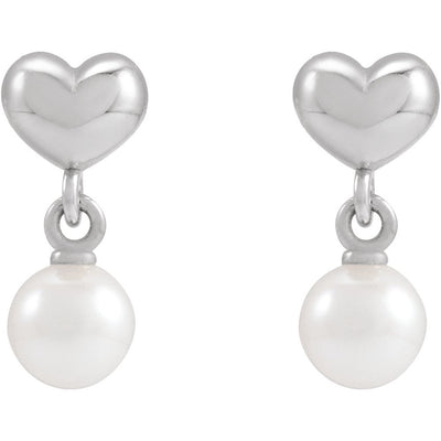 Silver Cultured White Freshwater Pearl & Heart Dangle Earrings