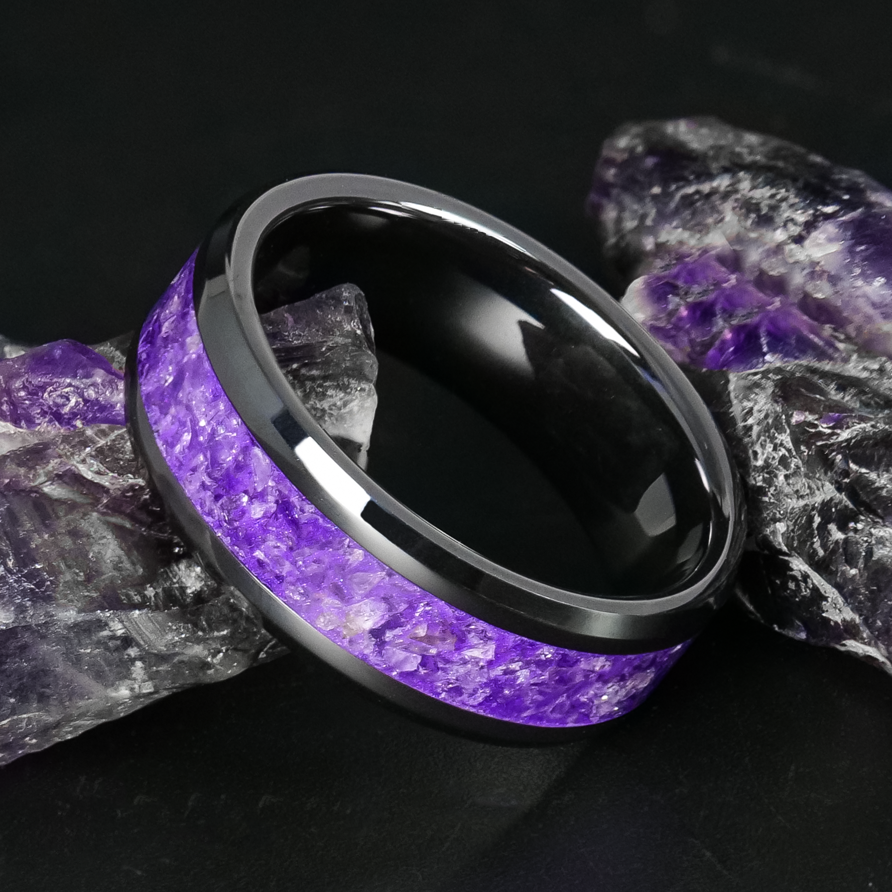 Amethyst Glowstone Ring on Black Ceramic Patrick Adair Designs