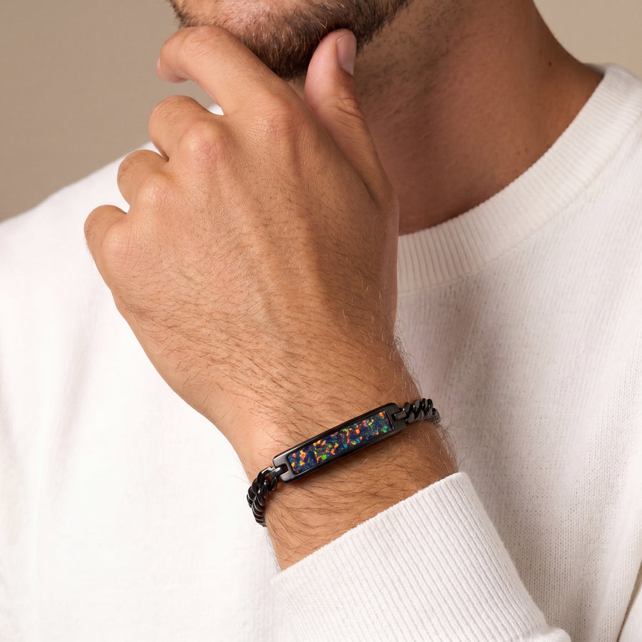 Black Fire Opal Glowstone Cuban Link ID Bracelet