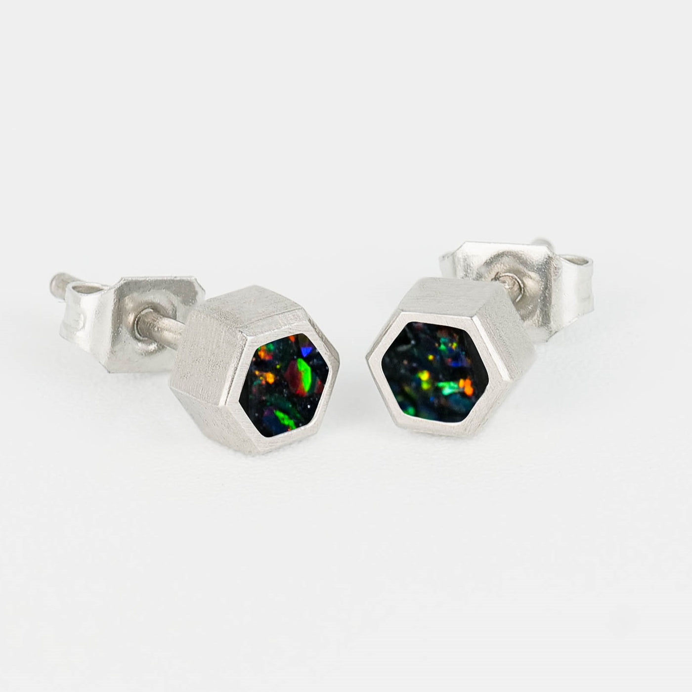 Hexagon Black Fire Opal Glowstone Earrings