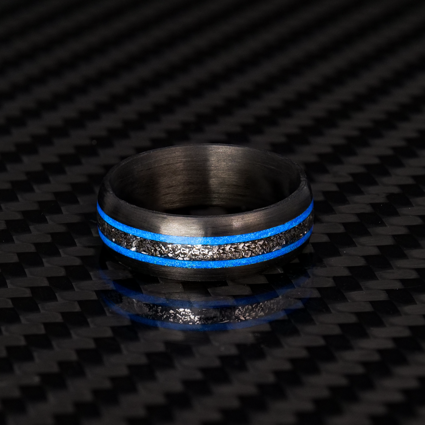The Hyper Glowstone Ring | Carbon Fiber with Bugatti Wheel Shavings | Striped Edition - Patrick Adair Designs