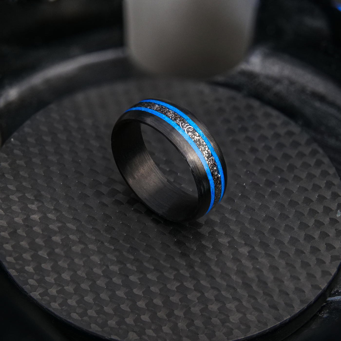 The Hyper Glowstone Ring | Carbon Fiber with Bugatti Wheel Shavings | Striped Edition - Patrick Adair Designs