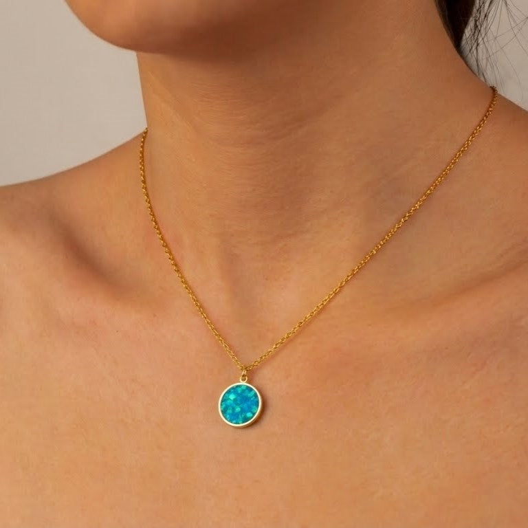 Bahama Blue Opal Glowstone Circular Pendant Necklace