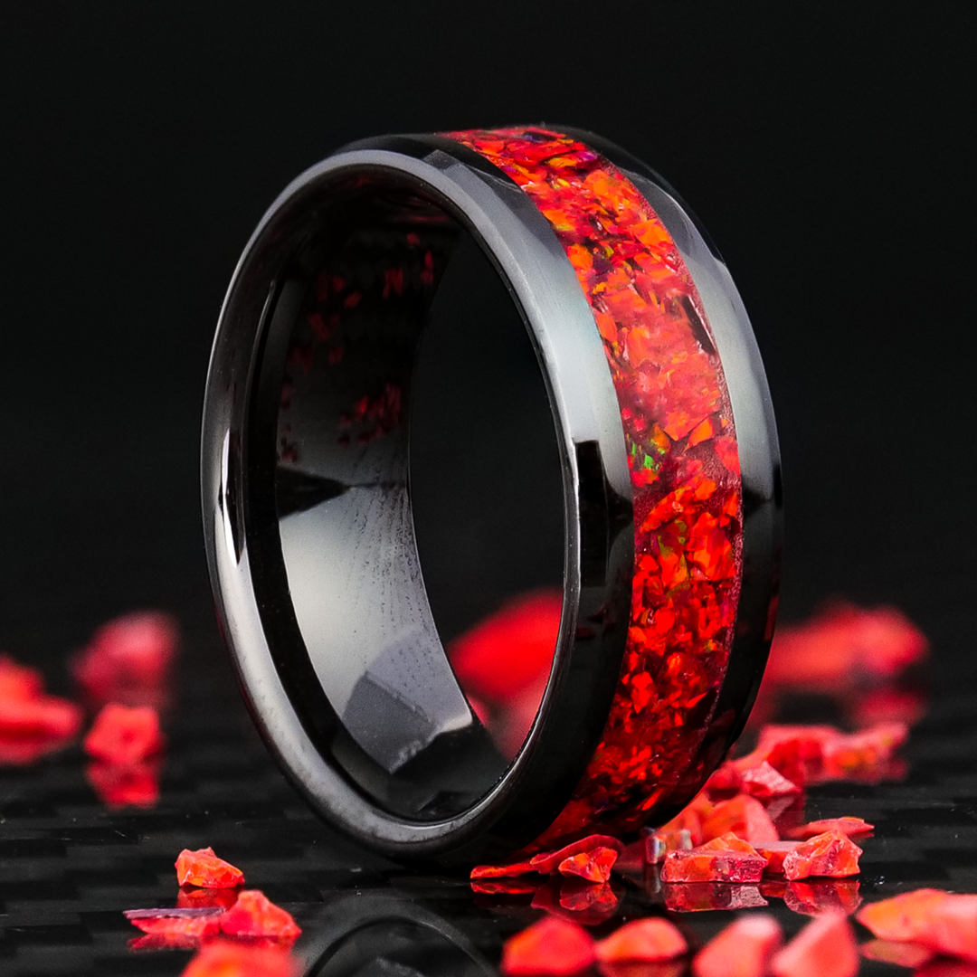 Crimson Red Opal Glowstone Ring on Black Ceramic | Patrick Adair