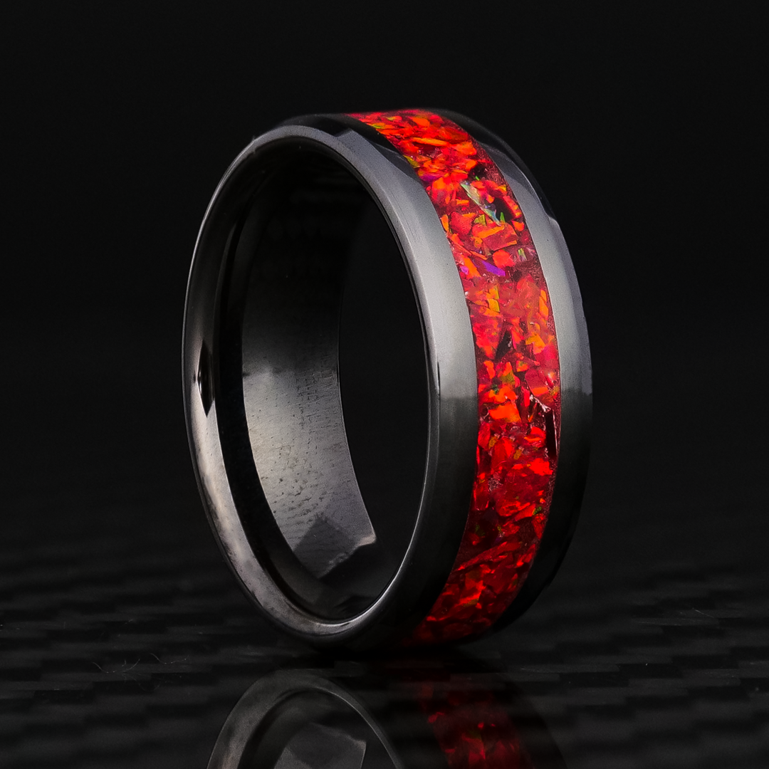 Crimson Red Opal Glowstone Ring on Black Ceramic | Patrick Adair