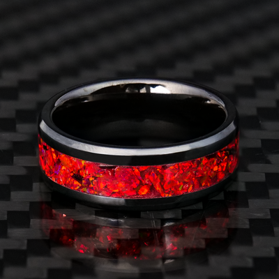 Crimson Red Opal Glowstone Ring on Black Ceramic - Patrick Adair Designs