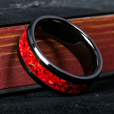 Crimson Red Rings Crimson Red Opal Glowstone Ring on Black Ceramic | Patrick Adair Designs
