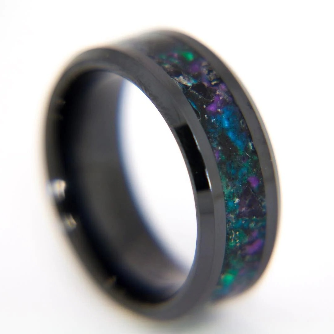 Deep Space Black Ceramic Glowstone Cremation Ring with Ashes