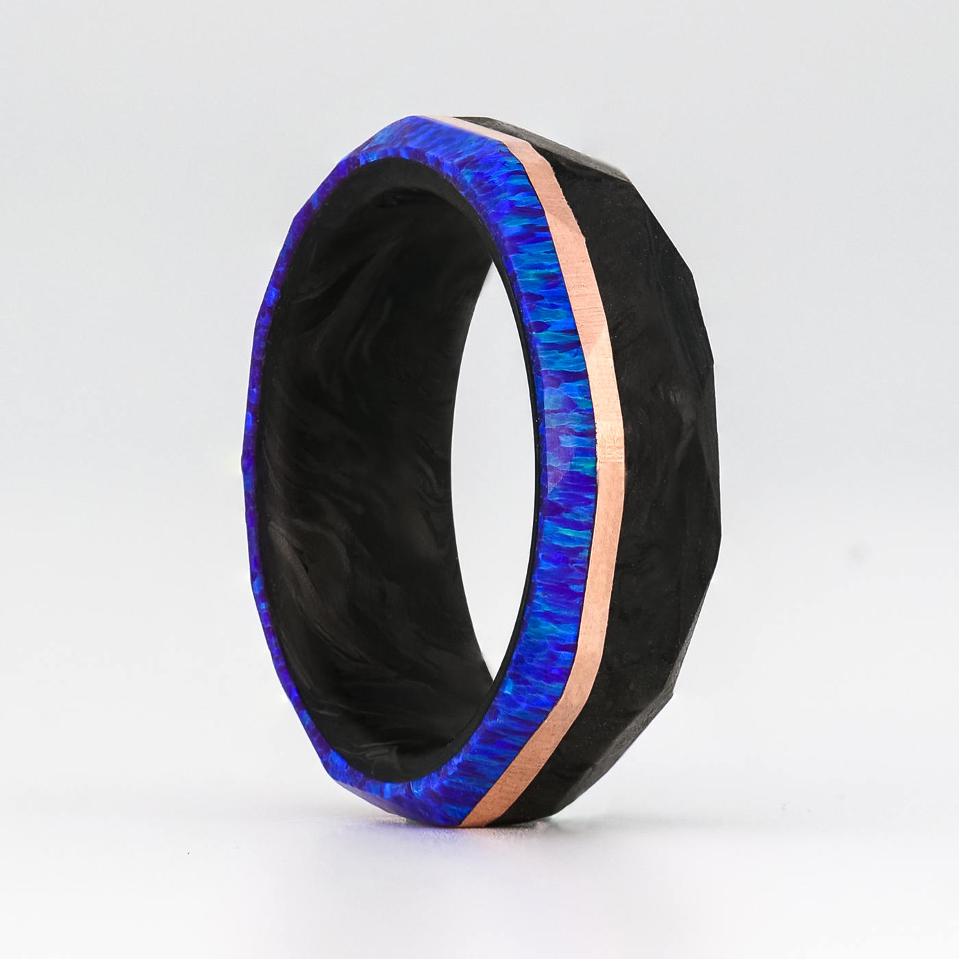 Faceted Forged Carbon Fiber, Gold, and Opal Ring