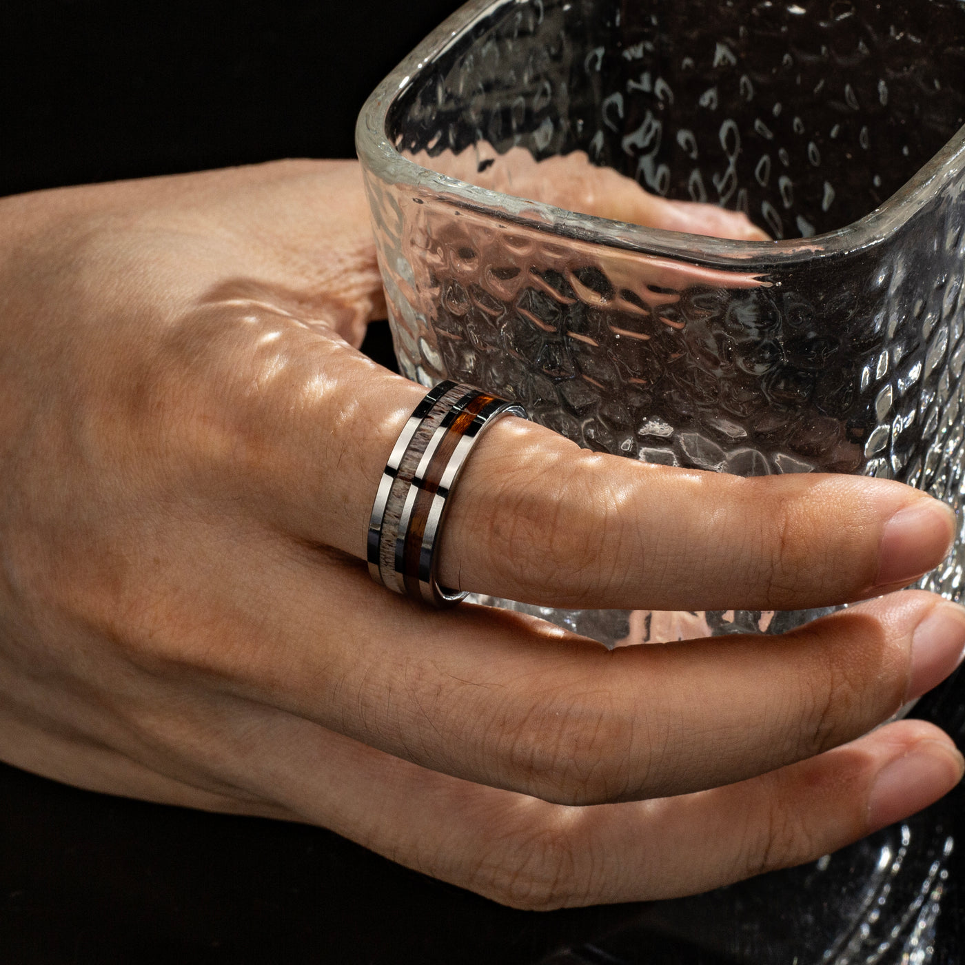 Koa Wood and Deer Antler Ring on Tungsten